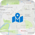 Eine Karte mit beschrifteten Straßen und Parks, zentriert überlagert von grossem blauen Standort-Pin, teils Details verdeckend.