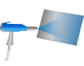 Illustration einer Spritzpistole, die blauen Lack gleichmässig auf schräges Blech sprüht-Blechbearbeitung in Schweizer Präzision.
