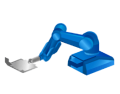 Ein blauer Industrieroboter hält ein Blech präzise vor hellem Hintergrund - perfekt für Blechbearbeitung aus einer Hand.