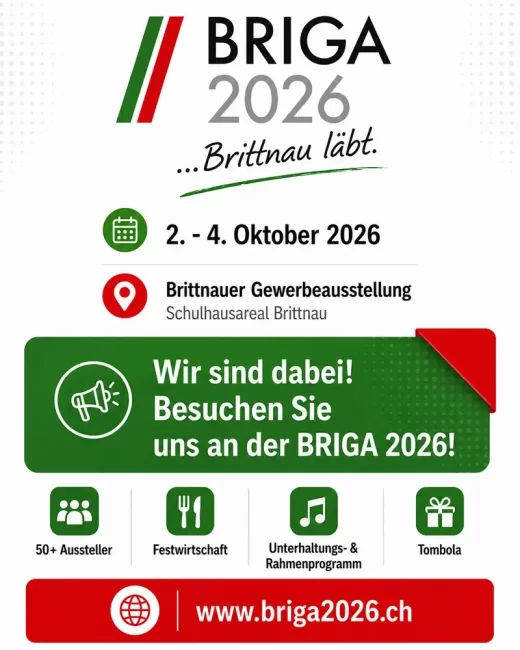 Plakat für die BRIGA 2026 in Brittnau mit Symbolen für Aussteller, Gastronomie, Unterhaltung und die Highlights von Meyer BlechTechnik.